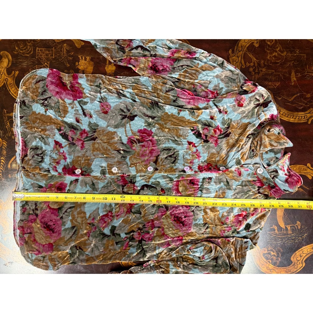 Vtg Soft Surroundings Silk Velvet Blue Pink Floral Button Down Blouse Romantic M - Picture 9 of 10